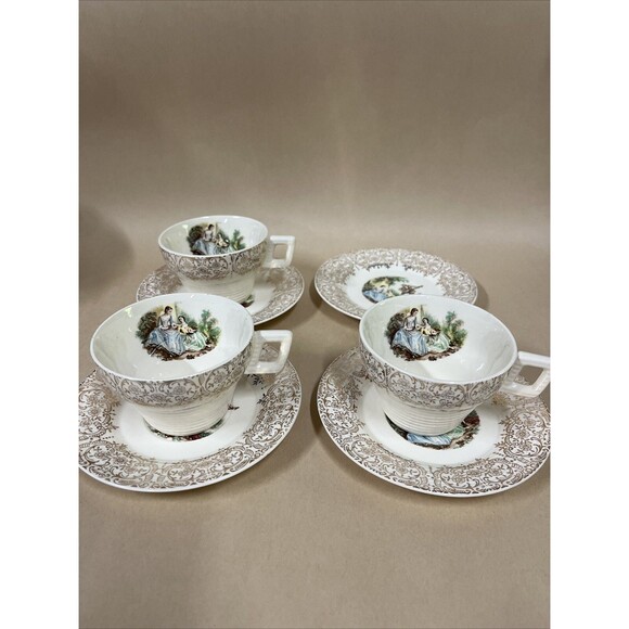 VTG American Limoges Triumph D'or Serenade 3 Cups & 4 Saucers 22K Gold READ - Picture 1 of 16